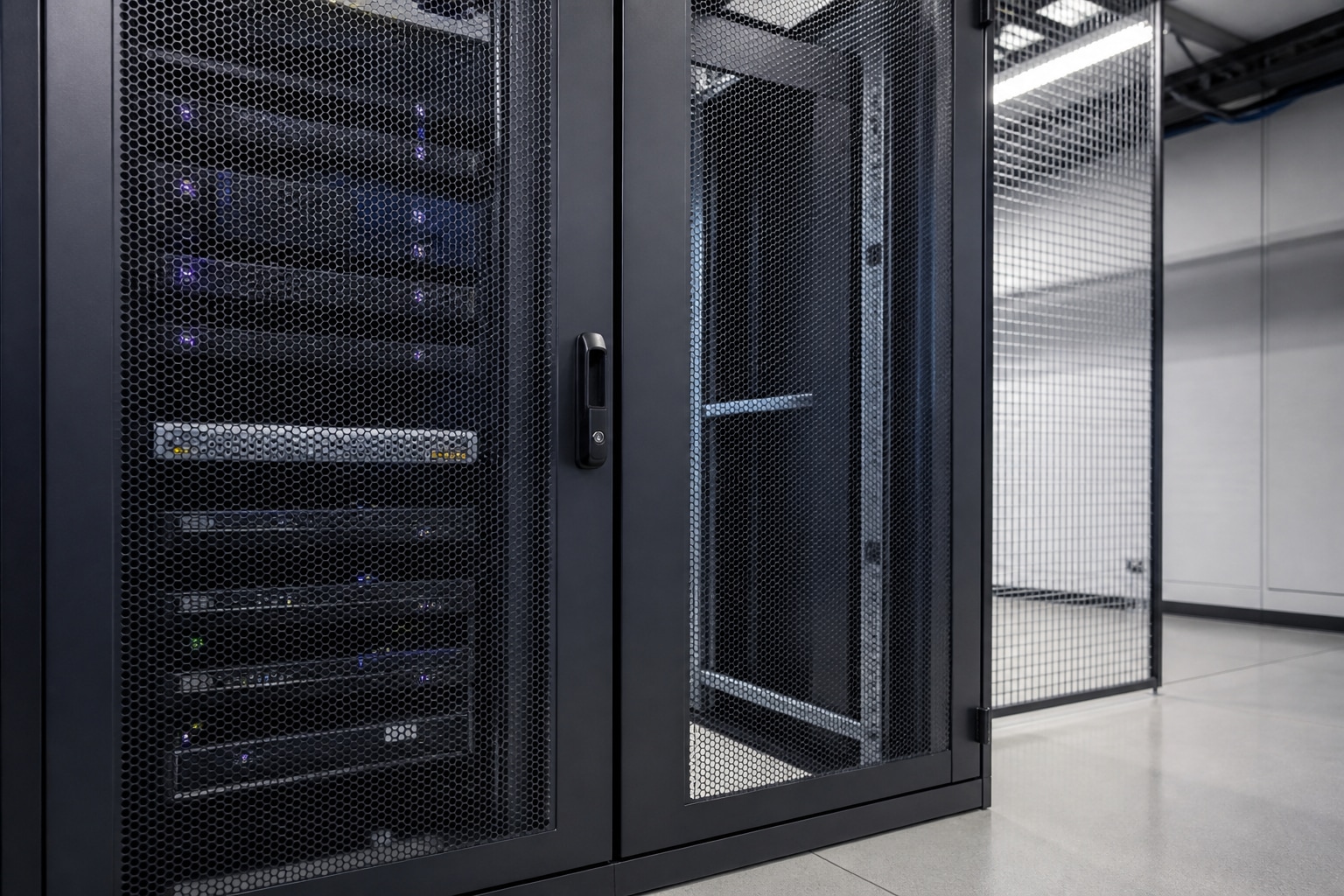 Secured staging server rack with an inactive empty bay after cleanup.