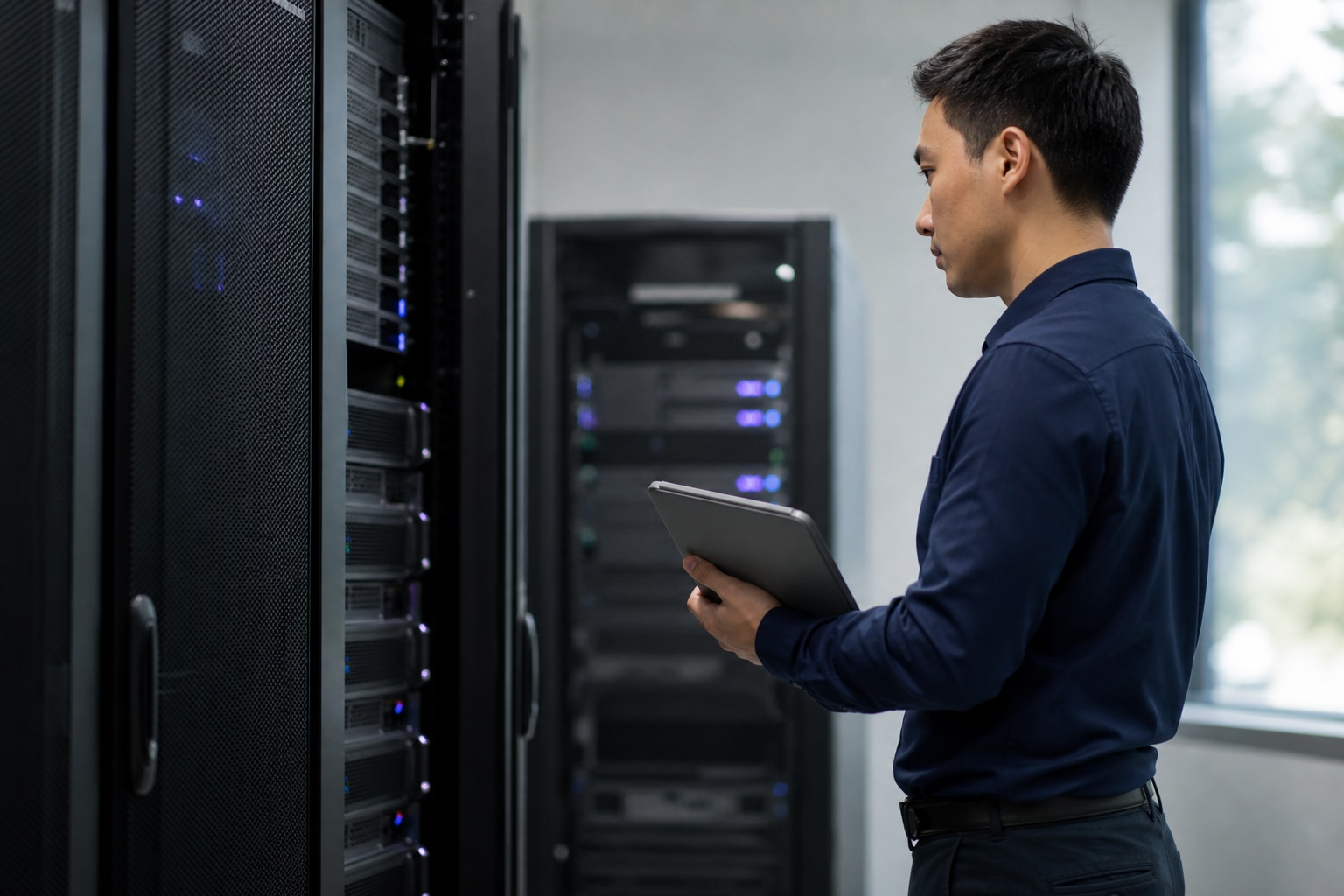 Systems engineer reviewing server racks during a controlled staging-to-production deployment.