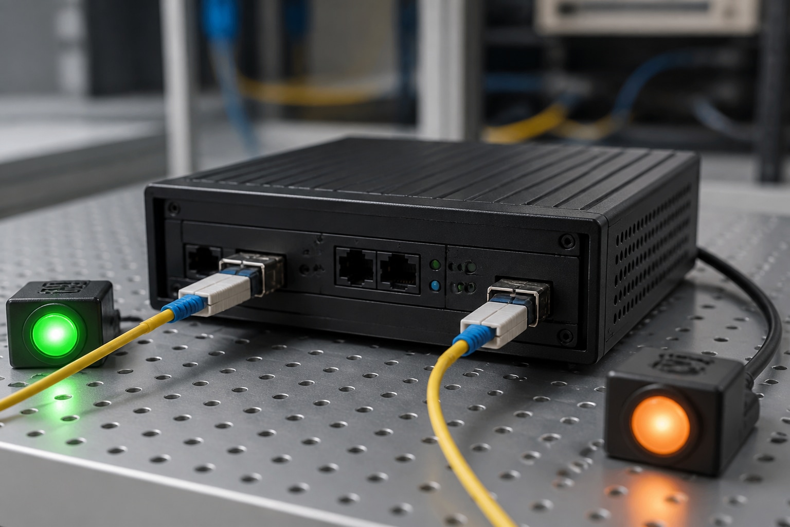 Isolated network test appliance with separate indicators for pass and deny outcomes.