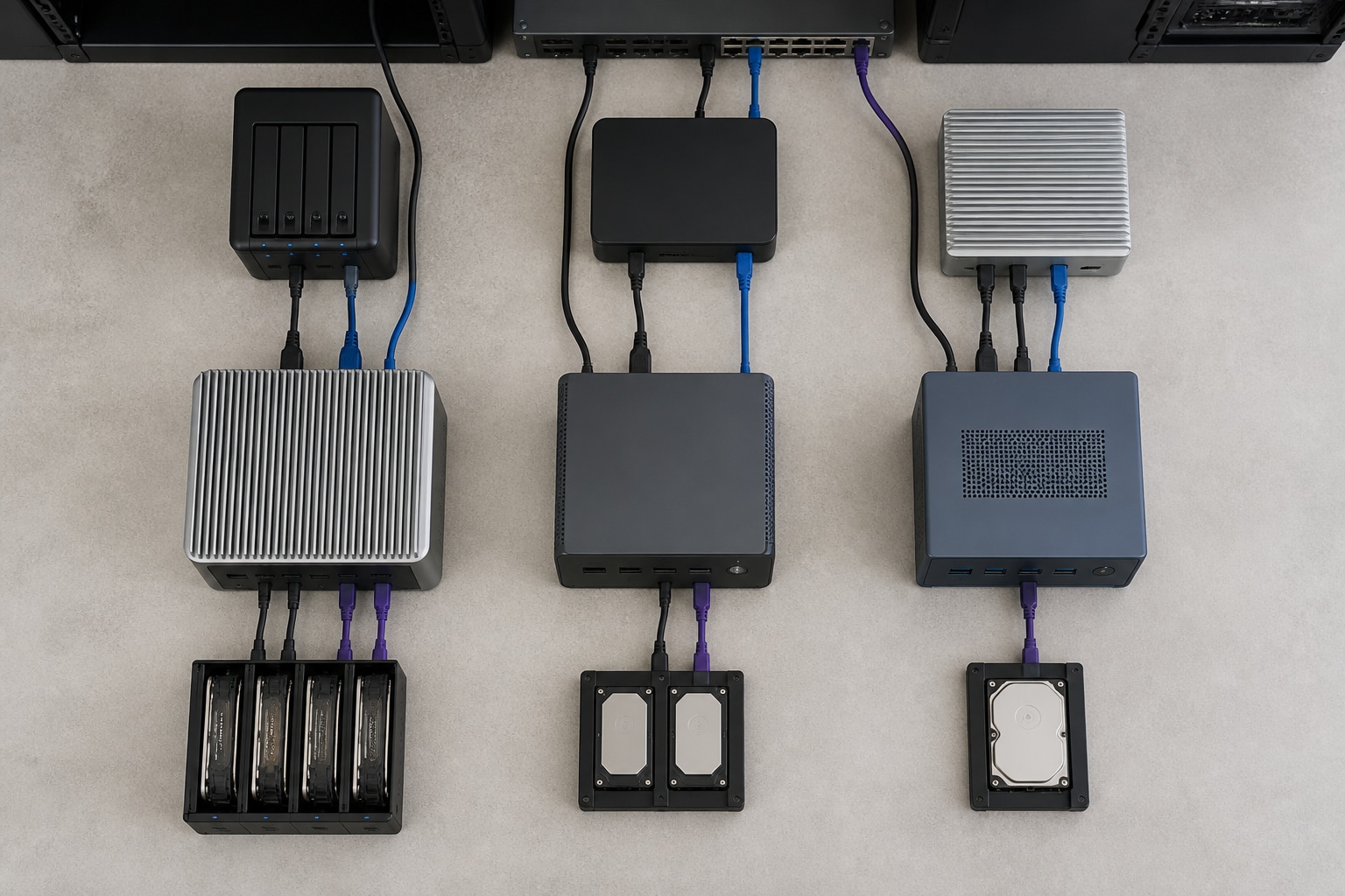 Three separated server setups representing different WordPress staging approaches.