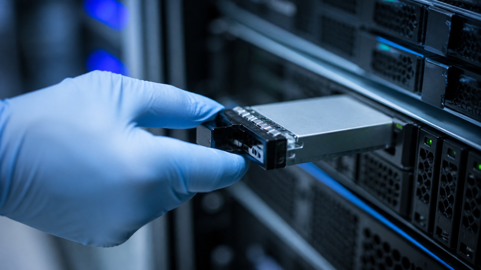 Technician installing fast storage in a clean server to represent the public-page cache layer