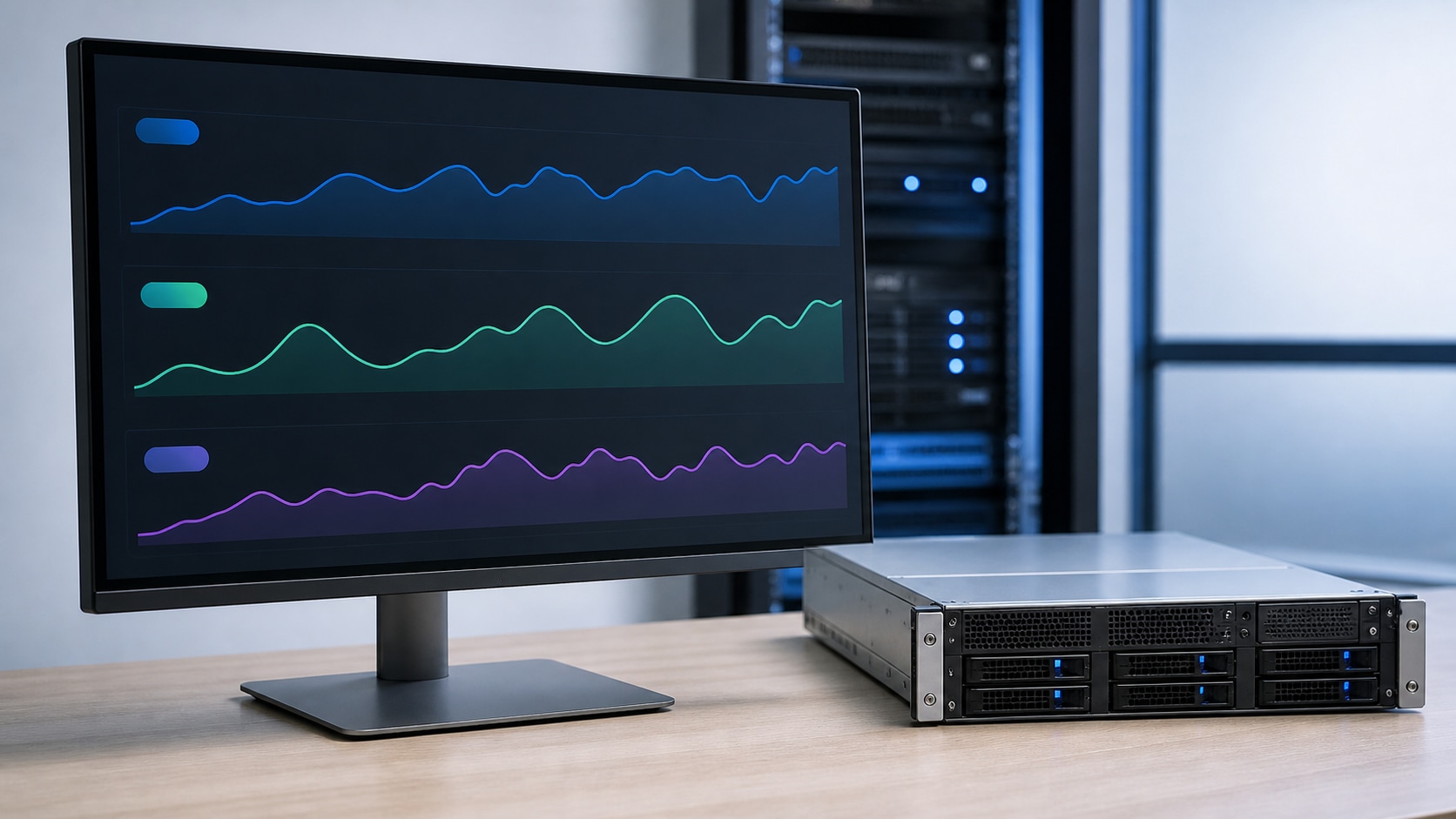 Unlabelled performance traces on a monitor beside server hardware for baseline measurement