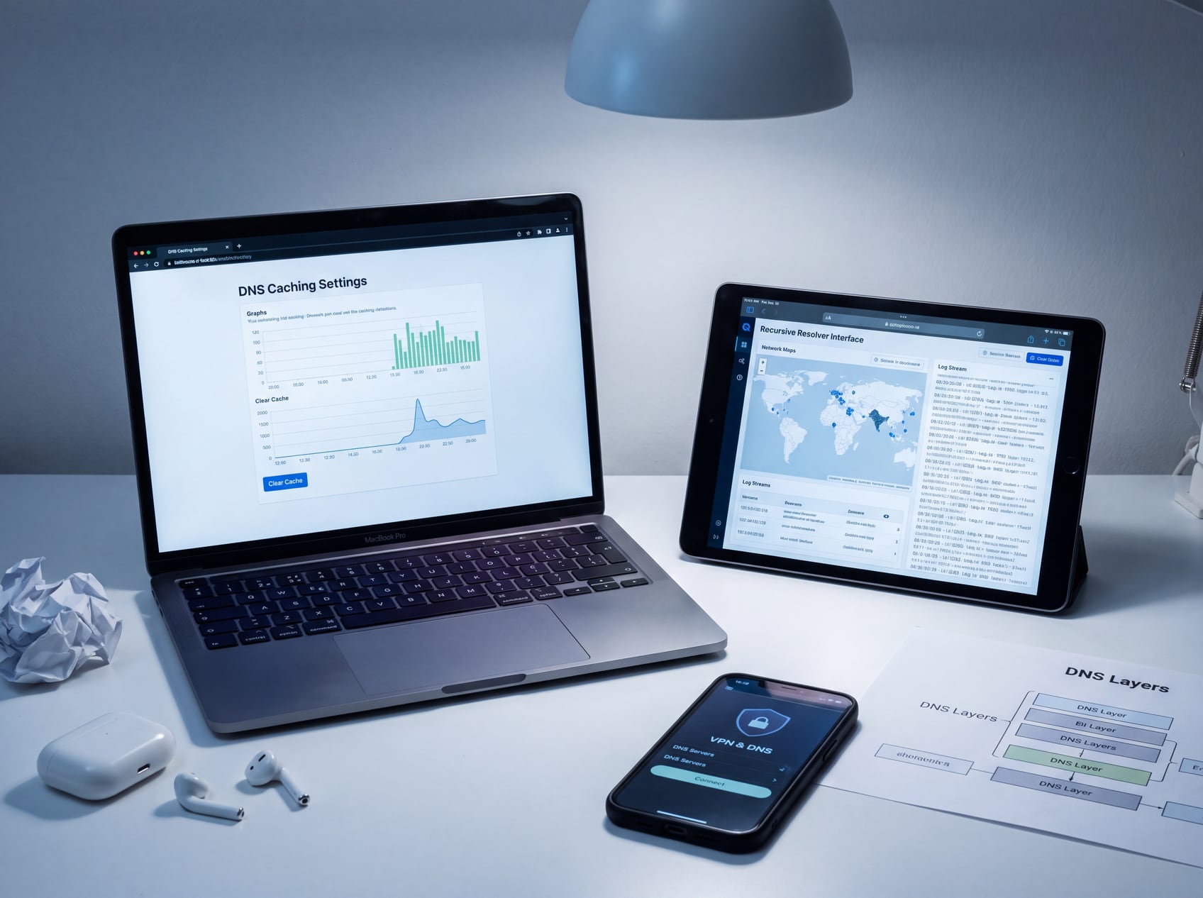 Illustration of DNS caching and recursive resolver screens across a laptop, tablet and phone