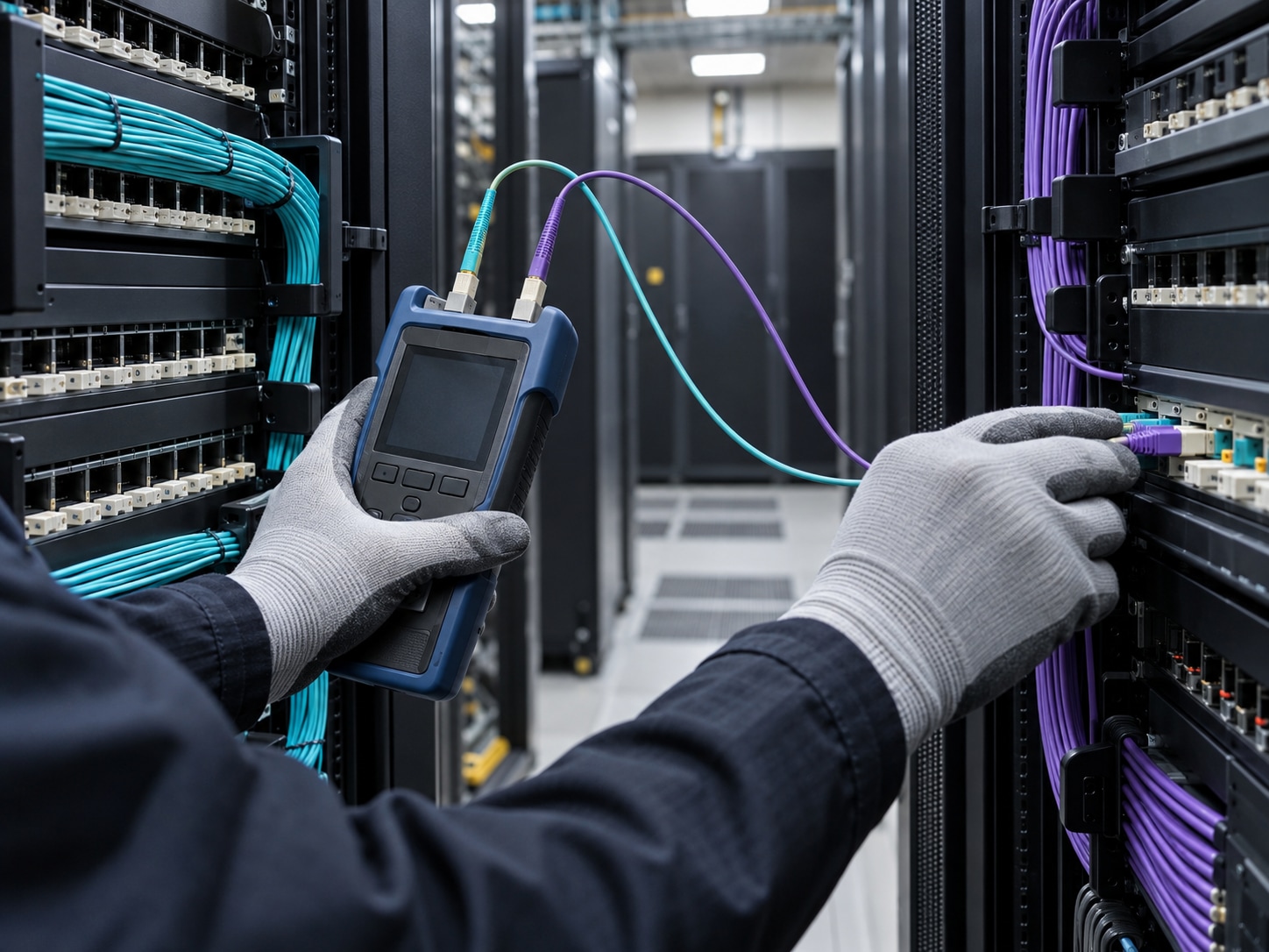 Technician testing a controlled fiber handoff between two server racks during migration