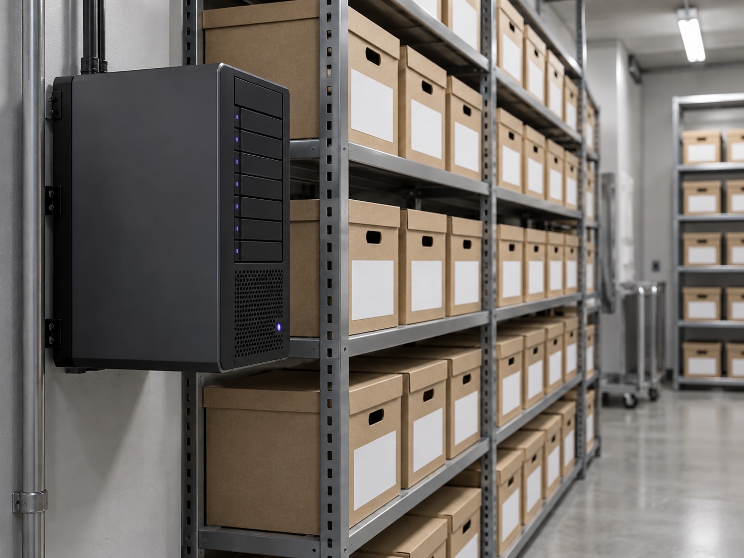 Archival storage appliance beside orderly records boxes in a secure retention room