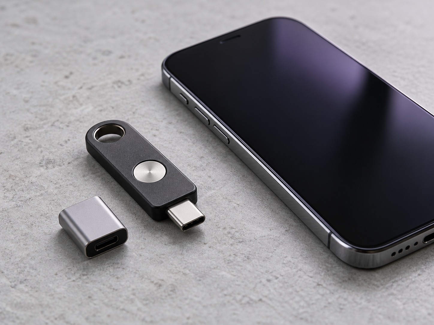 Hardware security key beside a locked smartphone for protecting business email accounts