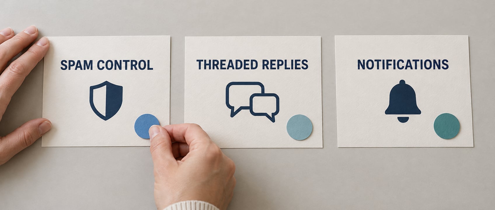 AI-generated conceptual photograph of comment-feature planning cards for spam control, replies and notifications.