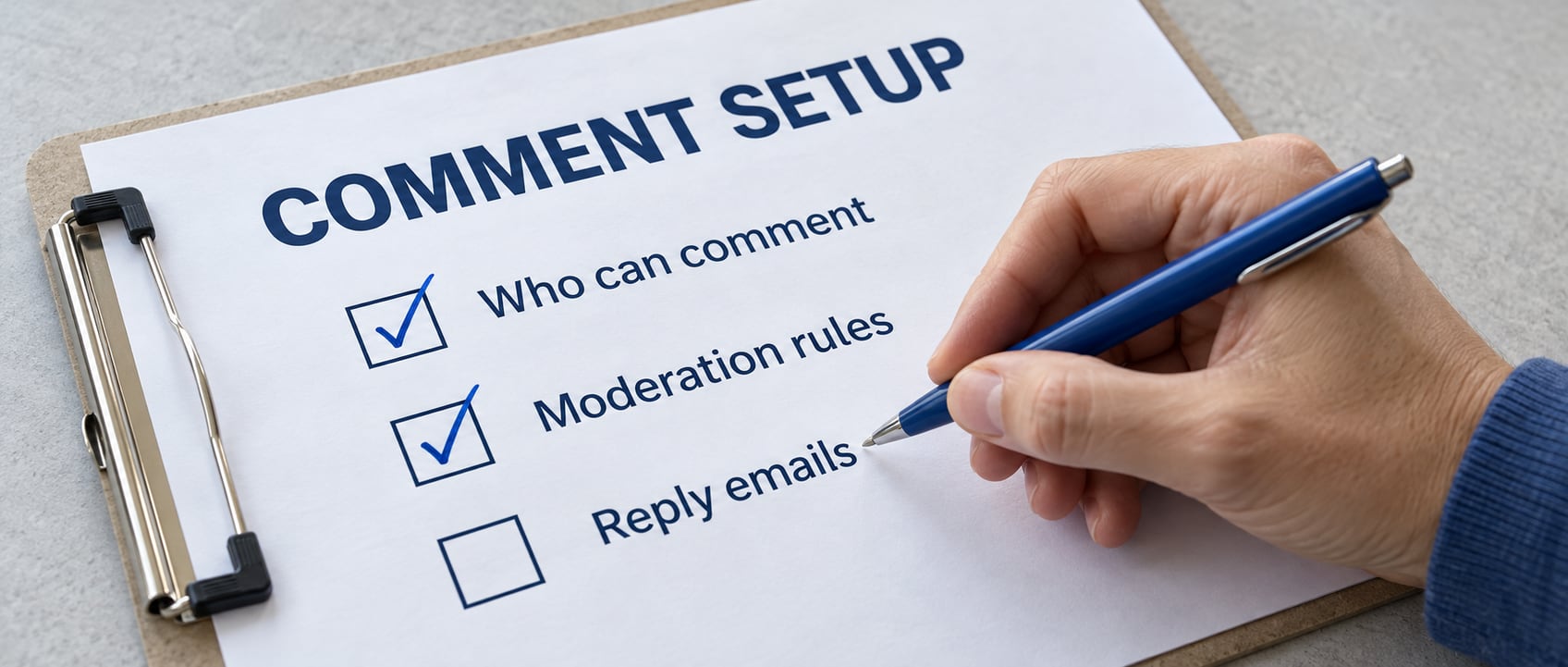AI-generated conceptual photograph of a moderator checking a printed comment-setup list covering access, moderation and reply emails.
