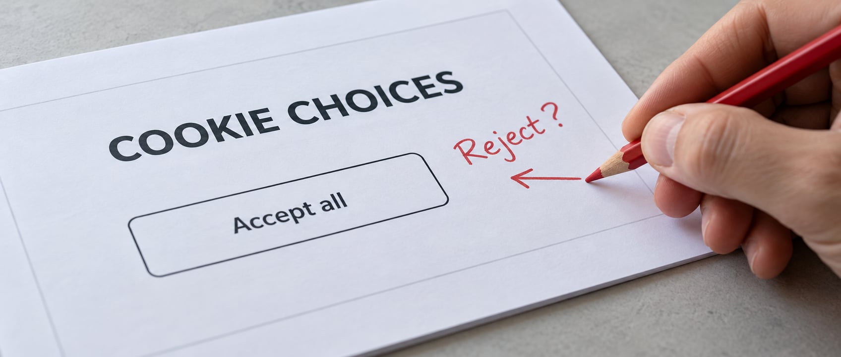 AI-generated conceptual photograph of a printed cookie notice under review, with a red Reject? annotation highlighting the missing rejection option.