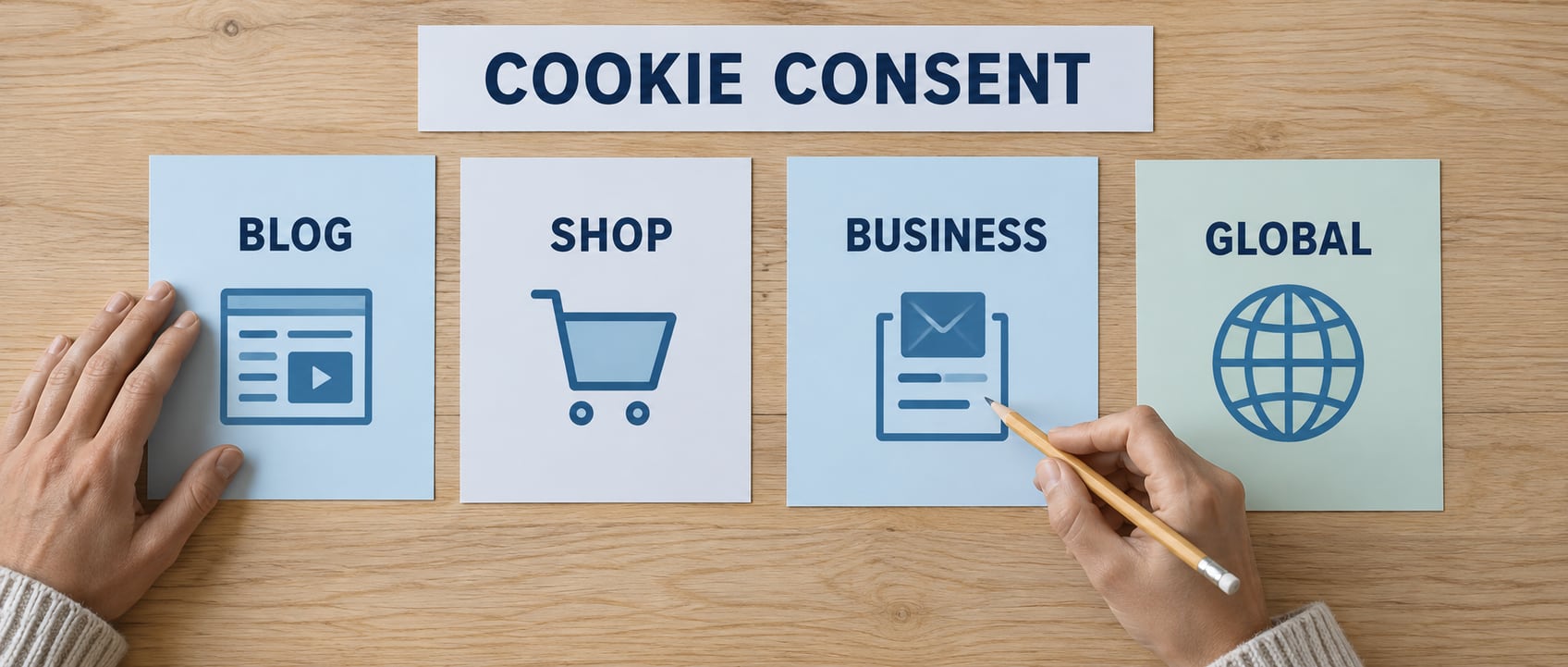 AI-generated conceptual photograph comparing blog, shop, business and global website planning cards for choosing cookie-consent controls.