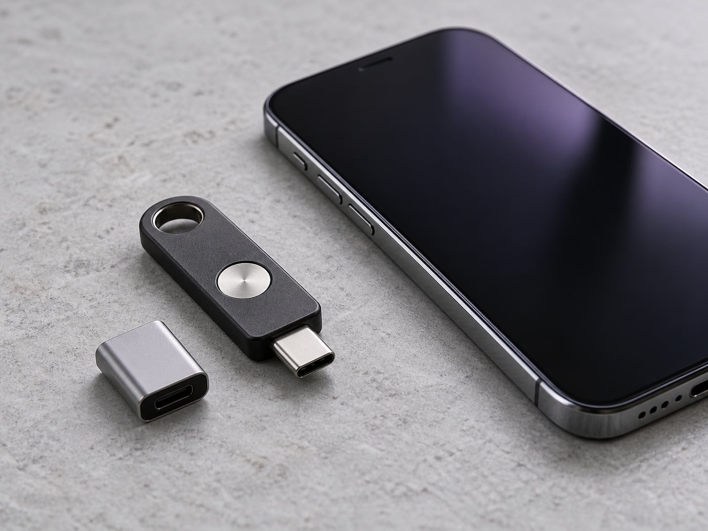 Hardware security key beside a smartphone, illustrating protection of account access.